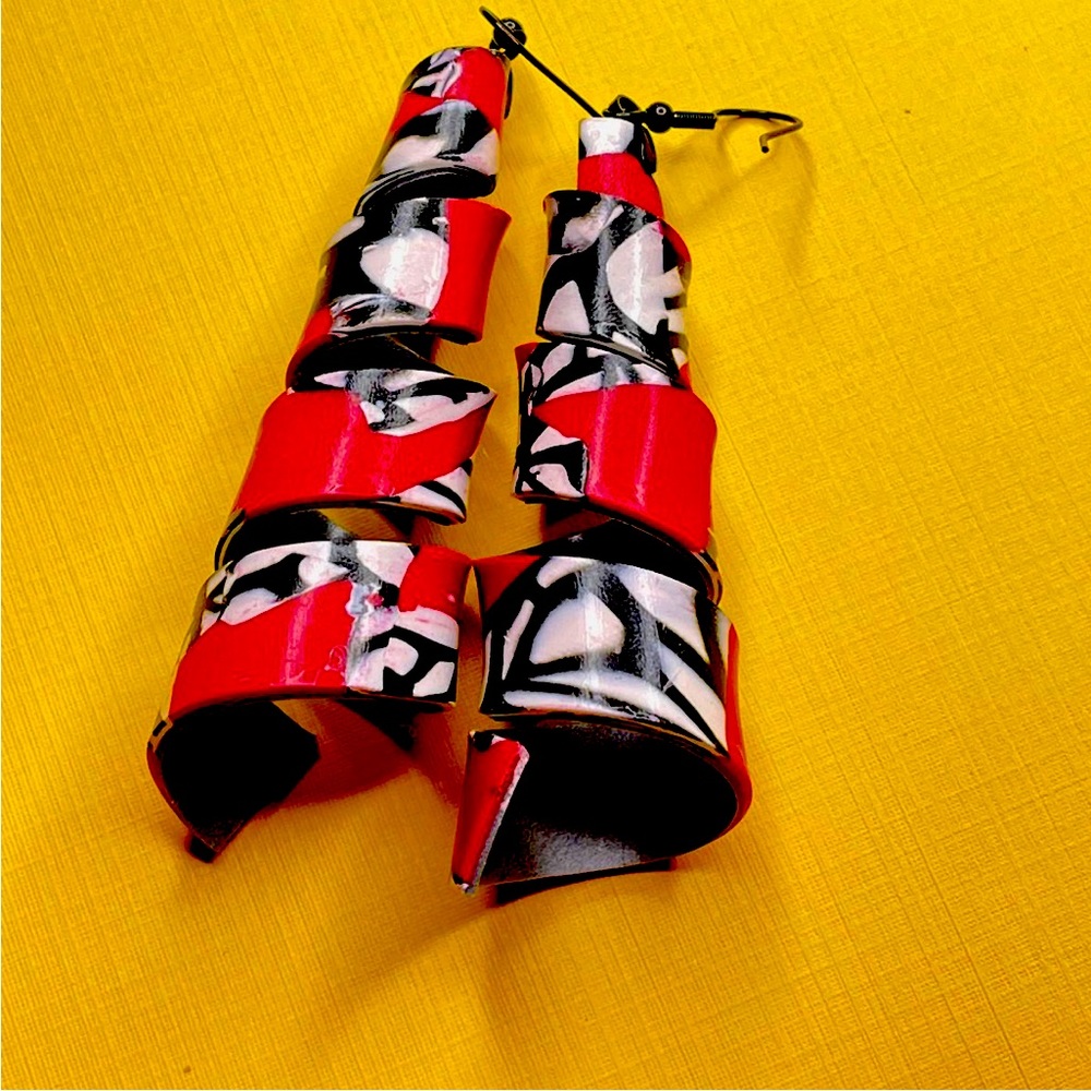 Handmade Red Zebra Dangle Long Spiral Earrings